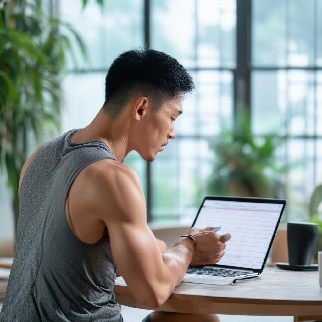 Asian exercise coach Consultation online meeting with notebook